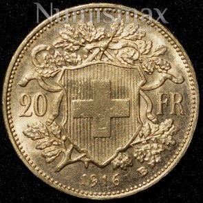1916 B Swiss 20 Franc Gold