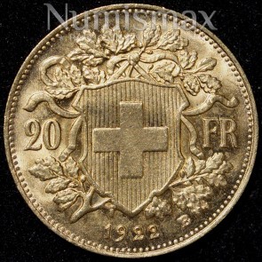 1922 B Swiss 20 Franc Gold