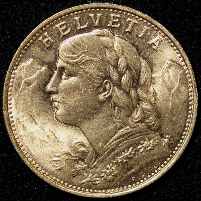 1922 B Swiss 20 Franc Gold