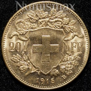 1915 B Swiss 20 Franc Gold