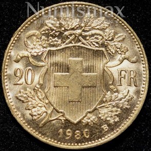 1930 B Swiss 20 Franc Gold