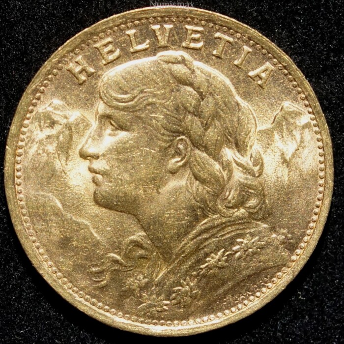 1935 B Swiss 20 Franc Gold