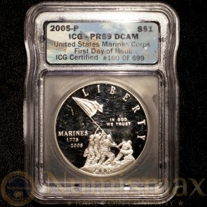 2005 P U.S. Marines CorpsCommemorative Silver Dollar ICG PR69 DCAM First Day of Issue