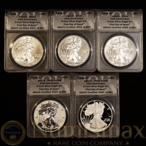 2011 25th Anniversary Silver American Eagle Set First Day of Issue ANACS 69 | All 5 Coins