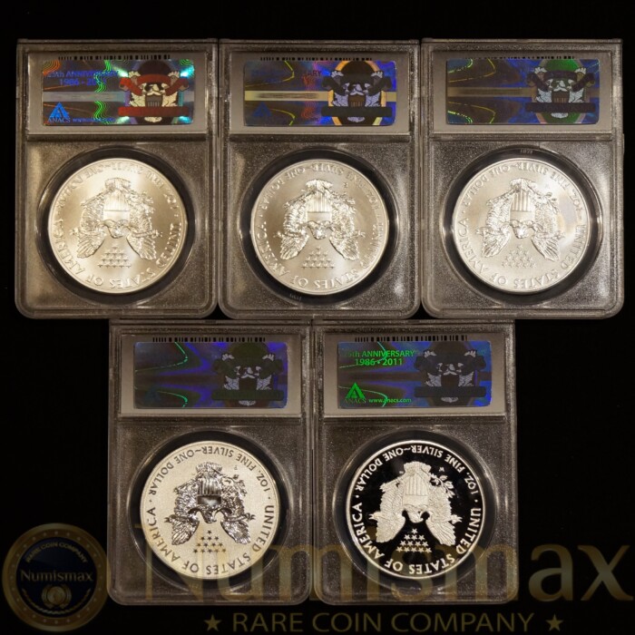 2011 25th Anniversary Silver American Eagle Set First Day of Issue ANACS 69 | All 5 Coins - Image 3