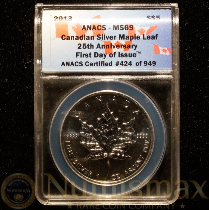 2013 Silver Maple Leaf 25th Anniversary First Day of Issue ANACS MS69