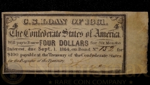 1861 Civil War Confederate $4 Coupon $100 Bond C.S. Loan