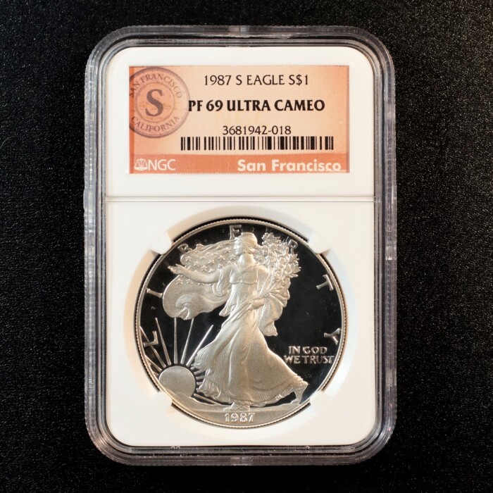 1987 San Francisco Silver American Eagle Proof Dollar NGC PR69 Ultra Cameo