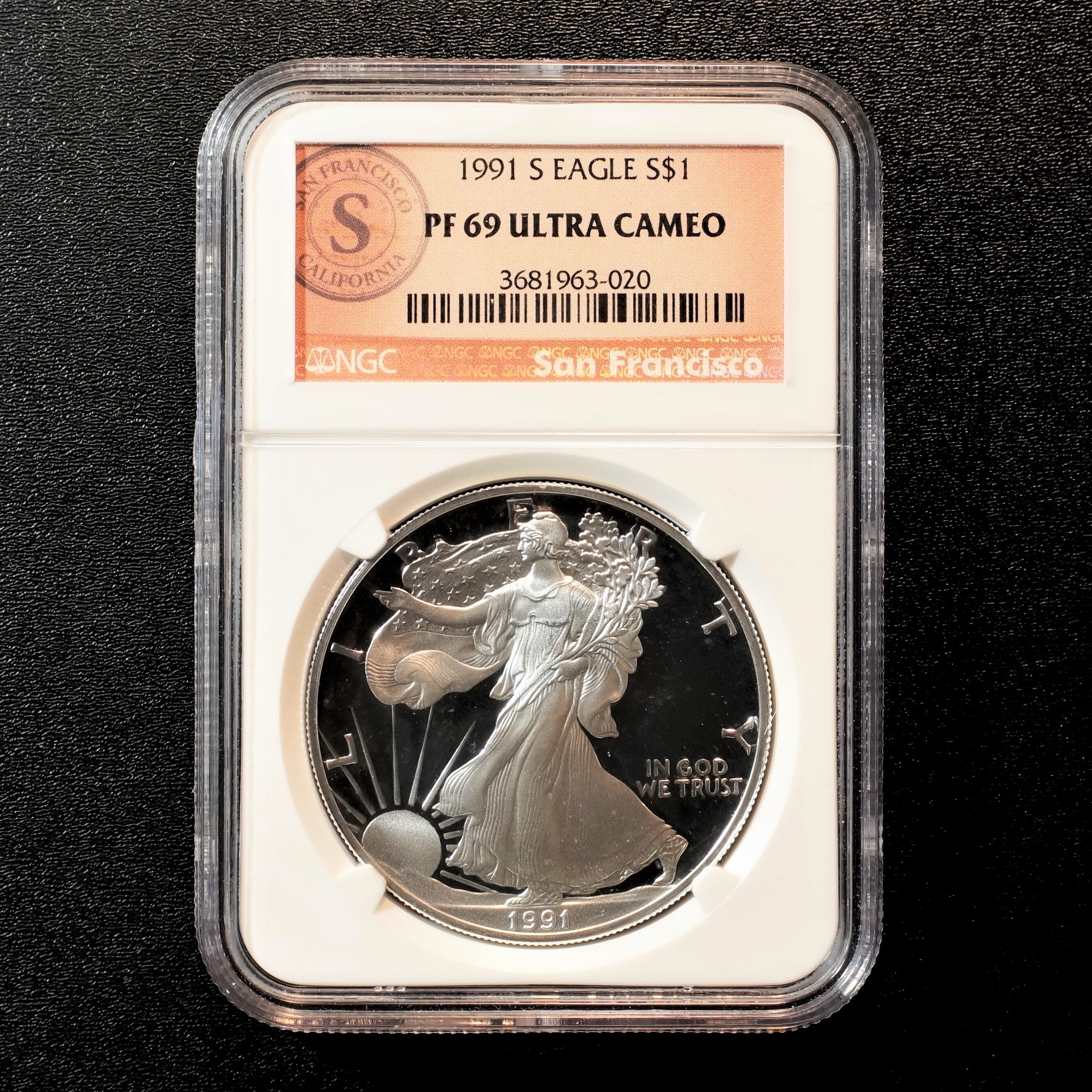 1991 San Francisco Silver American Eagle Proof Dollar NGC PR69 Ultra 