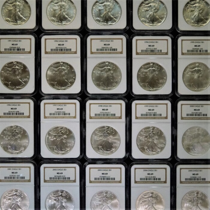 1986-2005 Silver American Eagle Set NGC MS69 Brown Labels