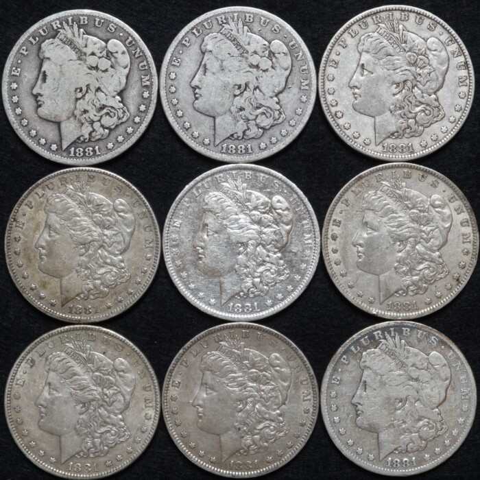 1881-O Morgan Silver Dollars Nine (9) Coin Lot