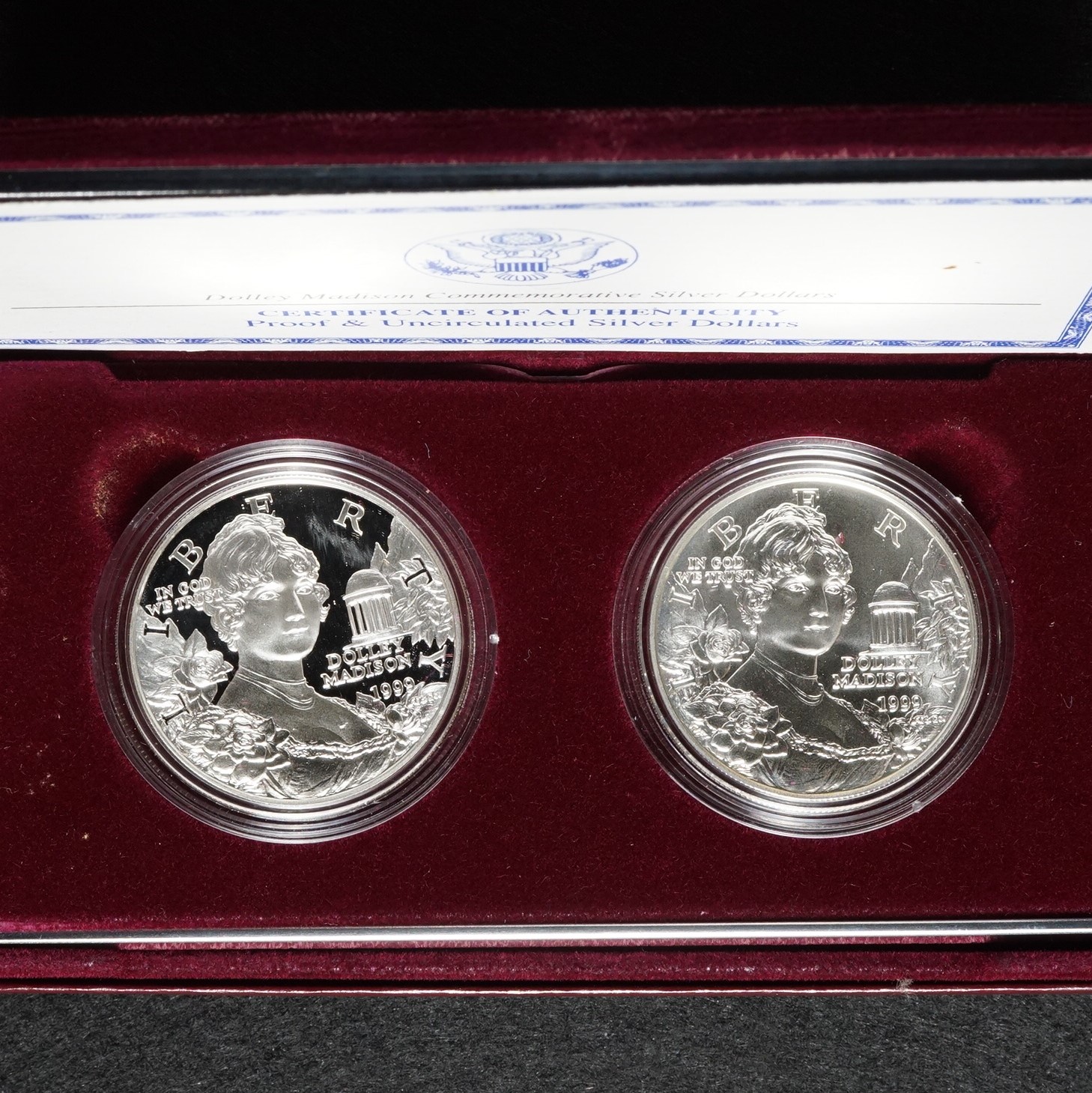 1999 Dolly Madison Commemorative BU And Proof Silver Dollar Set Numismax