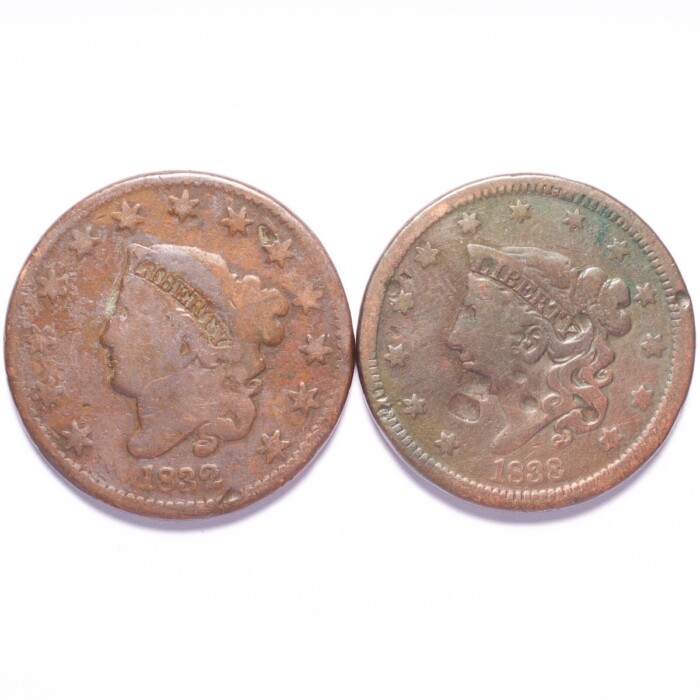 1832 & 1838 Large Cent Coronet Head 2-Coin Lot