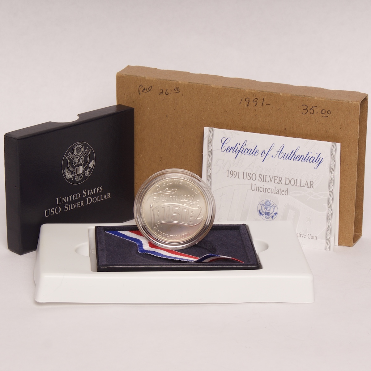 1991 D USO 50th Anniversary Commemorative Uncirculated Silver Dollar 