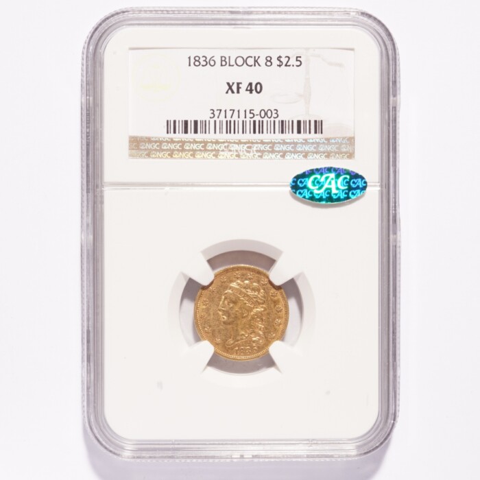 1836 Block 8 Classic Head $2.50 Gold Quarter Eagle NGC XF40 CAC