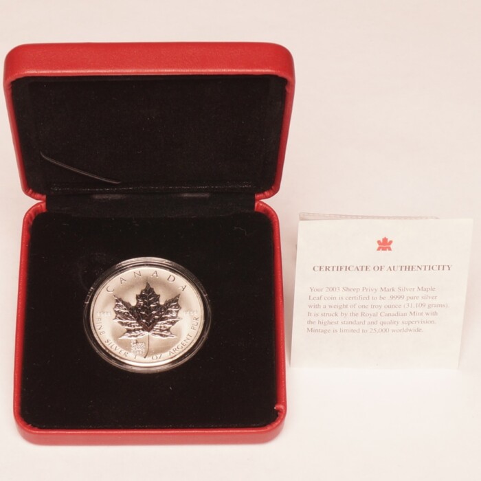 2003 Silver $5 Canadian Maple Leaf .9999 Reverse Proof Sheep Privy