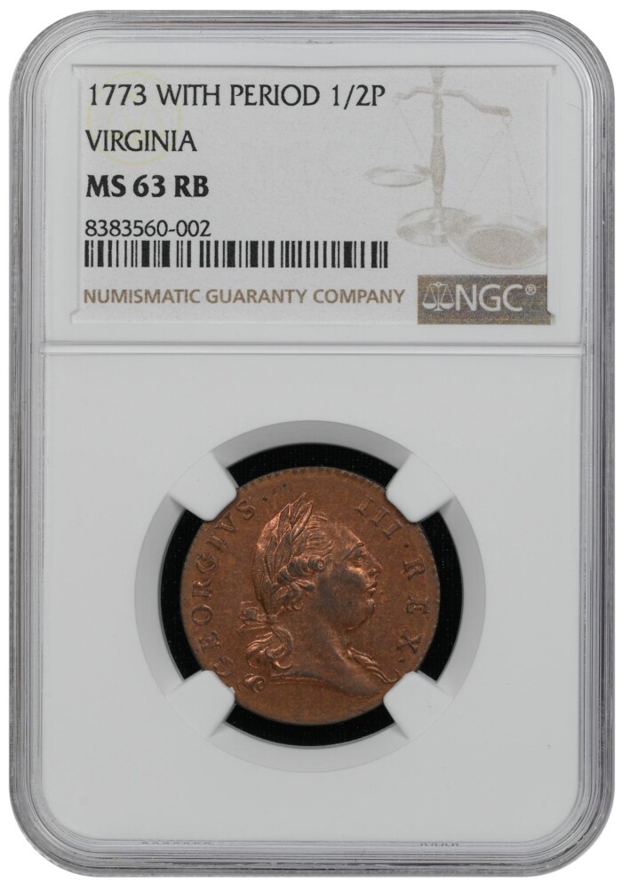 1773 With Period 1/2P Virginia NGC MS63 RB