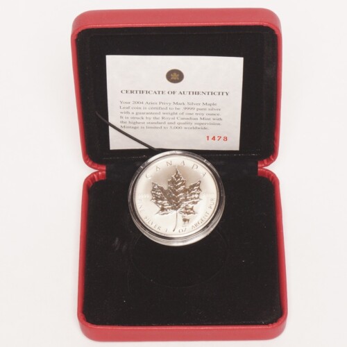 2004 Silver Canadian Maple Leaf $5 Reverse Proof Aries Privy