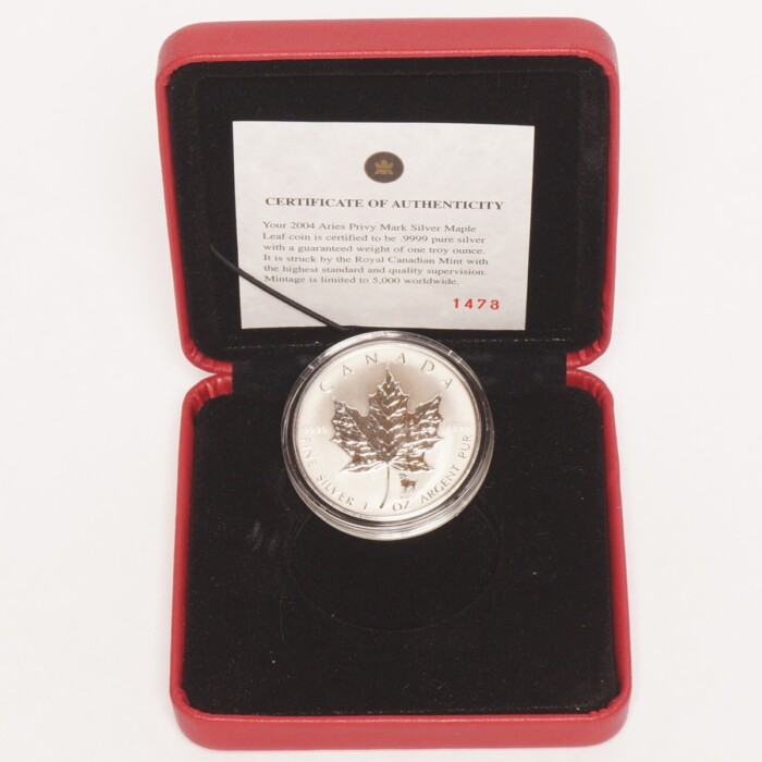 2004 Silver Canadian Maple Leaf $5 Reverse Proof Aries Privy