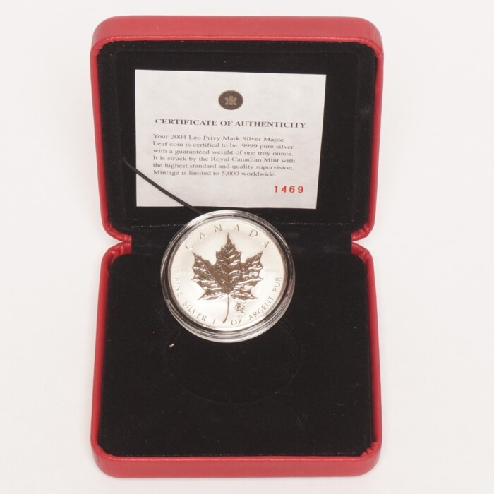 2004 Silver Canadian Maple Leaf $5 Reverse Proof Leo Privy