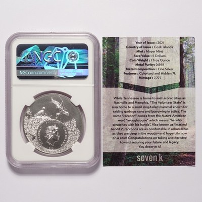 2021 Cook Is. Silver $5 Tennessee Raccoon NGC MS70 - Image 4