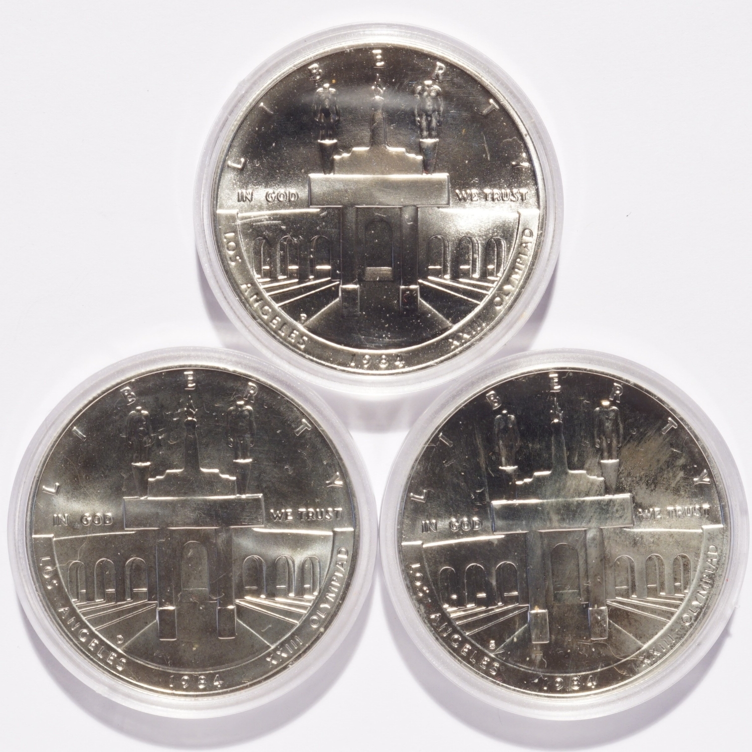 1984 P-D-S Olympic Commemorative Silver Dollar BU Three-Coin Set - Image 3