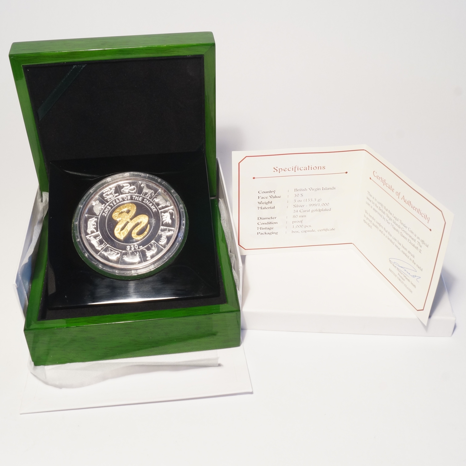 2013 British Virgin Islands 5oz Silver $30 Year of the Snake